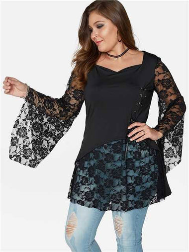 Wholesale V-Neck Plain Lace Lace-Up Long Sleeve Flounced Hem Black Plus Size Tops