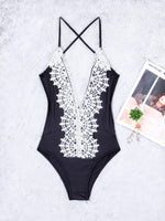 Wholesale Black Deep V Neck Sleeveless Plain Lace Backless Spaghetti Strap One-Pieces Swimwear