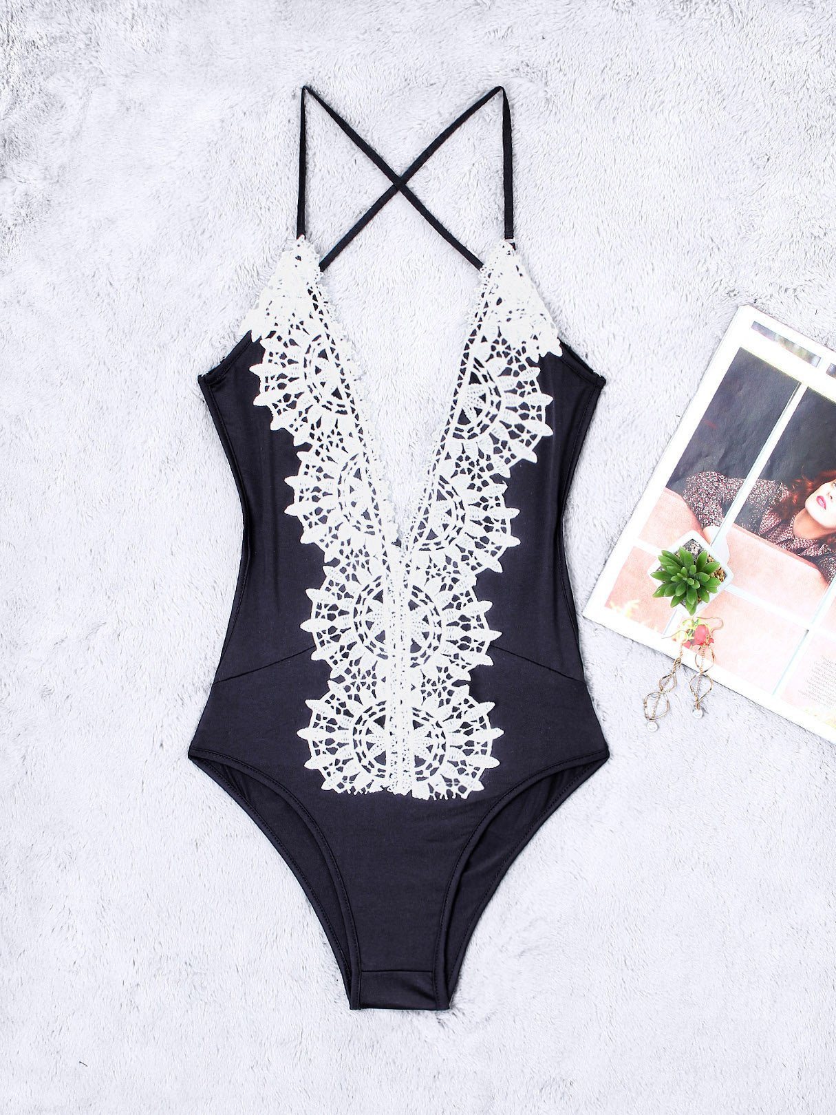 Wholesale Black Deep V Neck Sleeveless Plain Lace Backless Spaghetti Strap One-Pieces Swimsuits