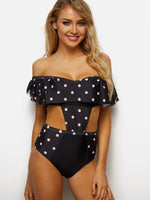 Wholesale Black Off The Shoulder Short Sleeve Polka Dot Cut Out One-Pieces