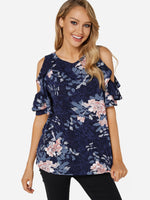 Wholesale Crew Neck Cold Shoulder Floral Print Short Sleeve Navy T-Shirts
