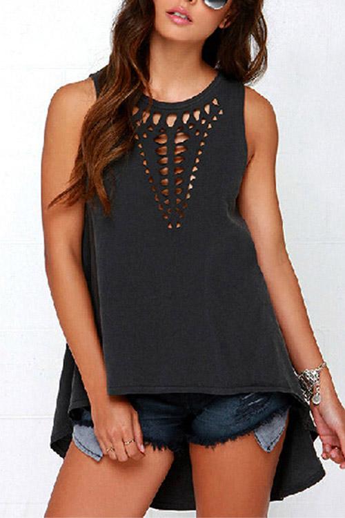 Wholesale Round Neck Hollow Sleeveless Curved Hem Black Camis