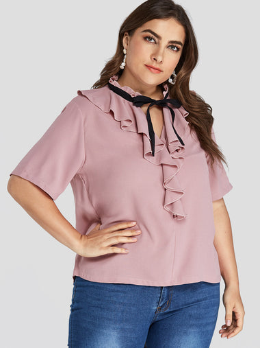 Wholesale Drape Sagging Plain Cut Out Tie-Up Ruffle Trim Half Sleeve Pastel Plus Size Tops