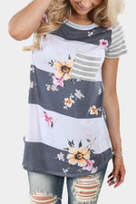 Wholesale Round Neck Stripe Floral Print Short Sleeve T-Shirts