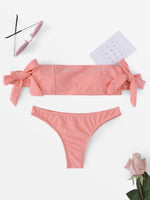 Wholesale Pink Off The Shoulder Sleeveless Plain Bowknot Two Piece Bikinis