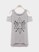 Wholesale Round Neck Cold Shoulder Printed Short Sleeve Grey T-Shirts