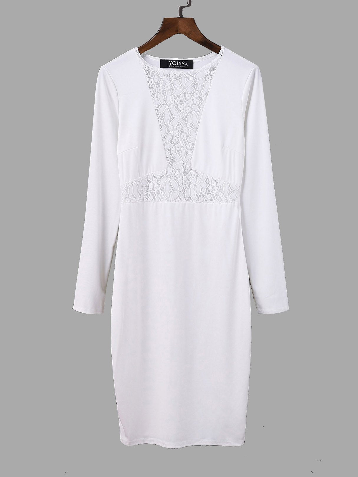 Wholesale White Crew Neck Long Sleeve Lace Midi Dress
