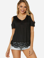 Wholesale Cold Shoulder Plain Lace Short Sleeve Stitching Hem T-Shirts