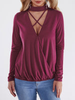 Wholesale Deep V-Neck Plain Crossed Front Long Sleeve Top