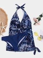 Wholesale Blue Halter Tribal Print Backless Lace-Up Bikinis
