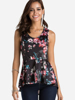 Wholesale Round Neck Floral Print Sleeveless Flounced Hem Black Tank Top