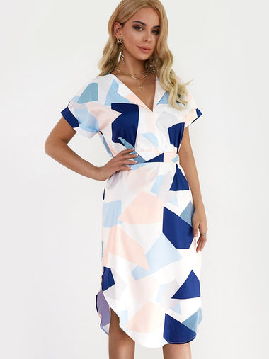 Wholesale V-Neck Short Sleeve Printed Slit Self-Tie Curved Hem Dresses