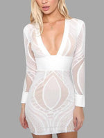 Wholesale White Deep V Neck Long Sleeve Sheer Lace Zip Back Hollow Dress