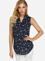 Wholesale V-Neck Floral Print Sleeveless Curved Hem Navy Camis