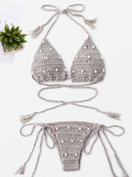 Wholesale Beige Halter Sleeveless Backless Hollow Tie-Up Bikinis