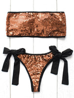 Wholesale Strapless Sleeveless Sequins Embellished Tie-Up Bikinis