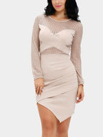 Wholesale Apricot Long Sleeve Hollow Irregular Hem Casual Dress