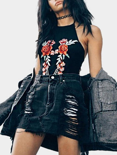 Wholesale Halter Embroidered Sleeveless Black Camis