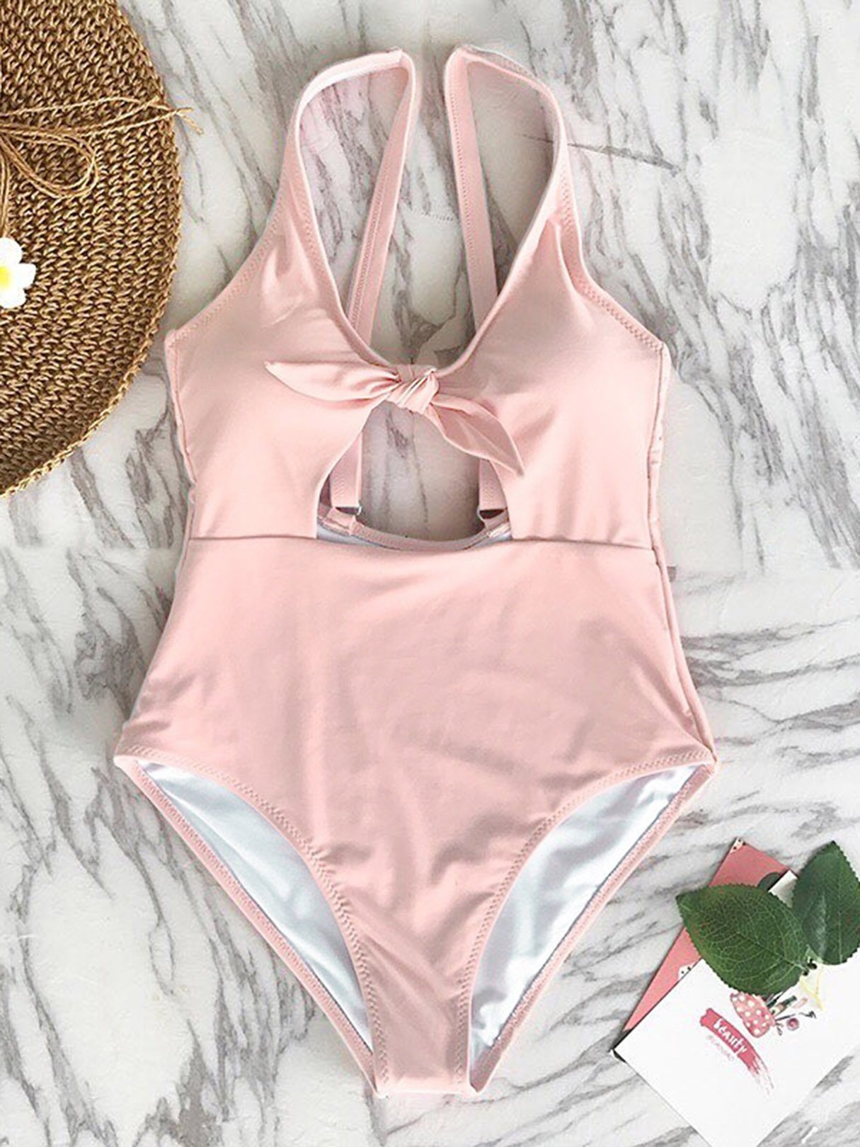 Wholesale Scoop Neck Plain Hollow Spaghetti Strap Sleeveless Pink One-Pieces