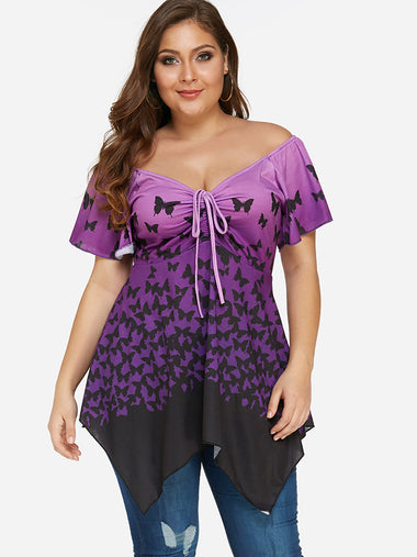 Wholesale V-Neck Lace-Up Pleated Short Sleeve Irregular Hem Purple Plus Size Tops
