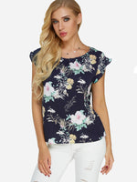 Wholesale Round Neck Floral Print Short Sleeve Navy T-Shirts