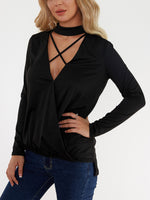 Wholesale Deep V-Neck Plain Crossed Front Long Sleeve Black Top