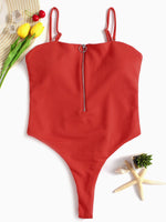 Wholesale Red Square Neck Sleeveless Plain Zip Back Wireless One-Pieces Swimwear