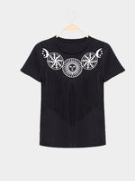 Wholesale Round Neck Printed Tassel Half Sleeve Black T-Shirts