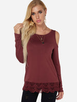 Wholesale Cold Shoulder Plain Lace Long Sleeve Burgundy T-Shirts