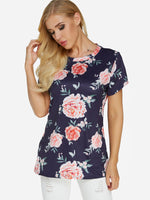 Wholesale Round Neck Floral Print Short Sleeve Navy T-Shirt
