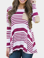 Wholesale Round Neck Stripe Side Pockets Long Sleeve Irregular Hem Plum T-Shirts