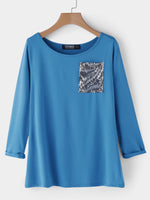 Wholesale Round Neck Slit Long Sleeve Blue T-Shirts