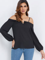Wholesale Off The Shoulder Plain Spaghetti Strap Long Sleeve Curved Hem Black Blouses