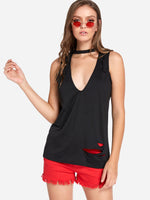 Wholesale V-Neck Random Ripped Sleeveless Black Camis
