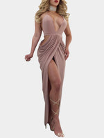 Wholesale Khaki Deep V Neck Asymmetrical Sleeveless Backless Slit Hem Maxi Dress
