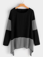 Wholesale Crew Neck Stripe Long Sleeve Irregular Hem Black T-Shirts