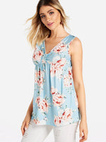 Wholesale V-Neck Floral Print Sleeveless Blue Tank Top