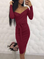 Wholesale V-Neck Off The Shoulder Long Sleeve Plain Crossed Front Dresses