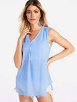Wholesale V-Neck Plain Tiered Sleeveless Curved Hem Tank Top