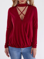 Wholesale Deep V-Neck Plain Crossed Front Long Sleeve Burgundy T-Shirts