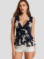 Wholesale V-Neck Floral Print Criss-Cross Sleeveless Navy Tank Top