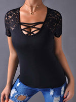 Wholesale V-Neck Plain Lace Short Sleeve Black T-Shirts