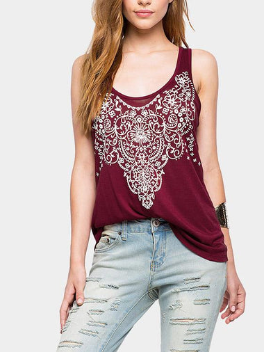 Wholesale Round Neck Geometrical Sleeveless Burgundy Tank Top