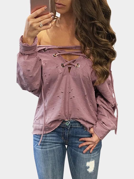Wholesale V-Neck Hollow Lace-Up Cut Out Long Sleeve Pink T-Shirts