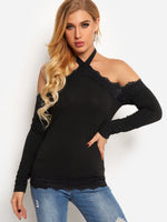 Wholesale Halter Lace Long Sleeve Black Top