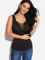 Wholesale V-Neck Plain Lace Lace-Up Sleeveless Black Tank Top