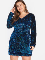 Wholesale V-Neck Plain Sequins Embellished Long Sleeve Plus Size Dress