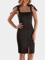 Wholesale Black Square Neck Off The Shoulder Sleeveless Backless Lace-Up Spaghetti Strap Bodycon High-Waisted Sexy Dress