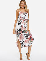 Wholesale White Round Neck Sleeveless Floral Print Backless Lace-Up Spaghetti Strap Slit Hem Dresses