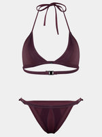 Wholesale Burgundy Halter V-Neck Sleeveless Plain Backless Lace-Up Spaghetti Strap Bikinis